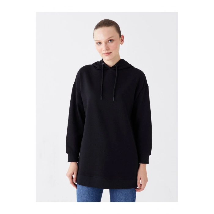 Kapüşonlu Düz Uzun Kollu Kadın Sweatshirt Tunik