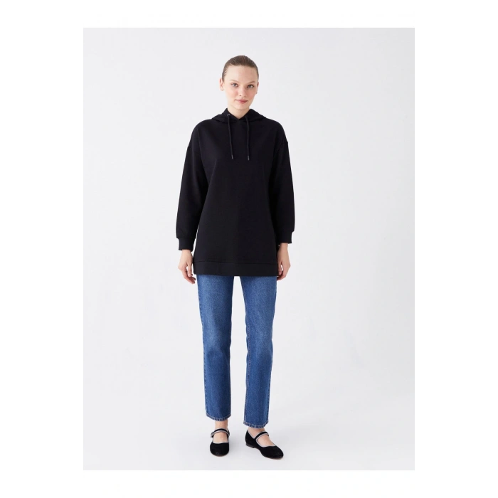 Kapüşonlu Düz Uzun Kollu Kadın Sweatshirt Tunik