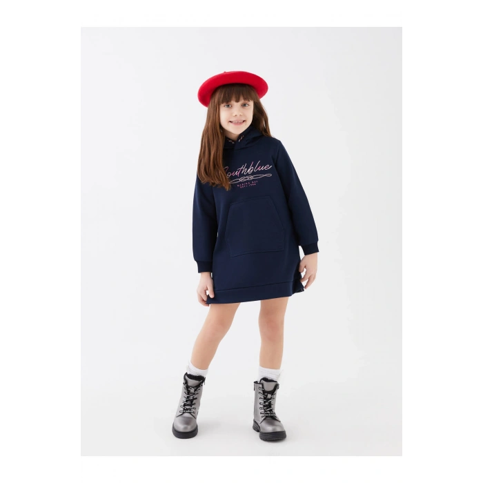 Kapüşonlu Nakışlı Uzun Kollu Kız Çocuk Elbise