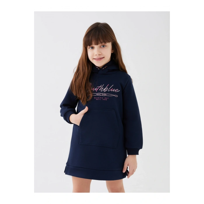 Kapüşonlu Nakışlı Uzun Kollu Kız Çocuk Elbise