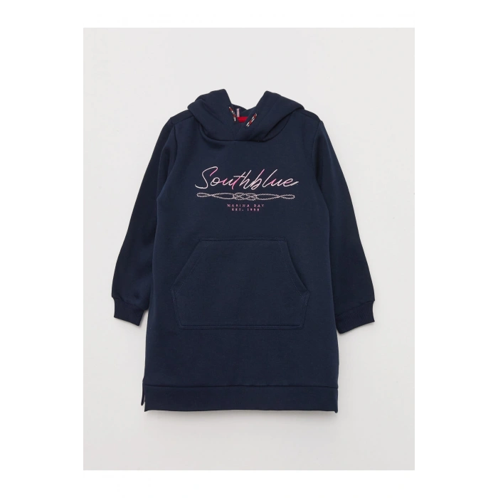 Kapüşonlu Nakışlı Uzun Kollu Kız Çocuk Elbise