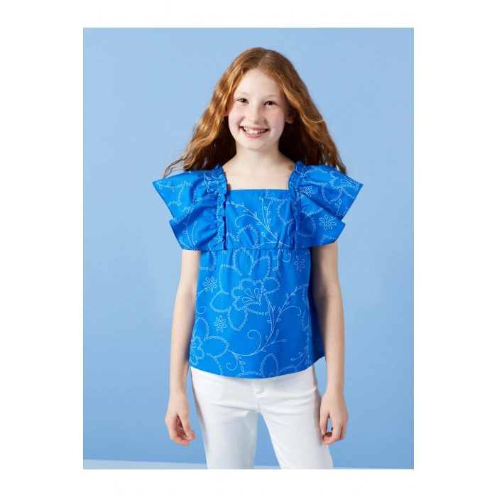 Kare Yaka Çiçekli Kız Çocuk Bluz