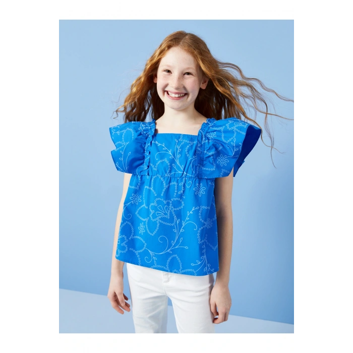 Kare Yaka Çiçekli Kız Çocuk Bluz