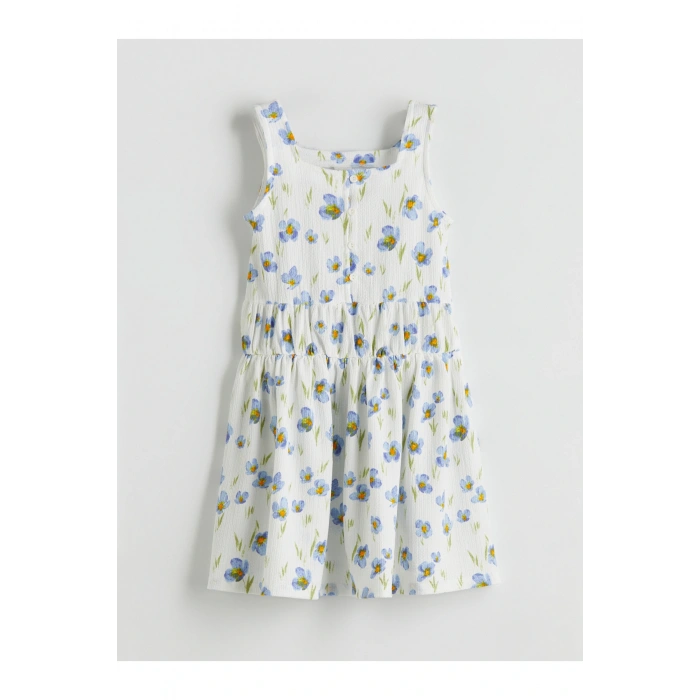 Kare Yaka Çiçekli Kız Çocuk Elbise