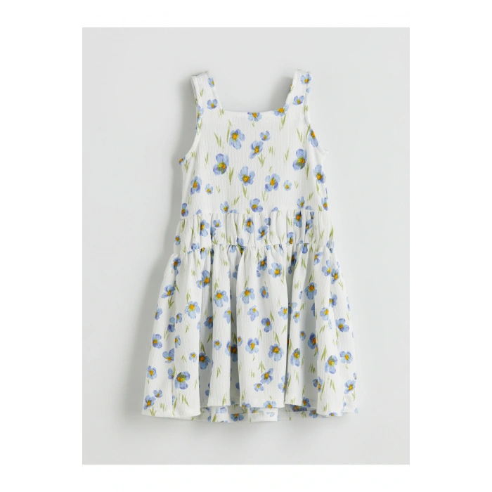 Kare Yaka Çiçekli Kız Çocuk Elbise