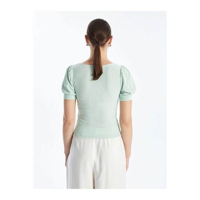 Kare Yaka Düz Kısa Kollu Kadın Bluz