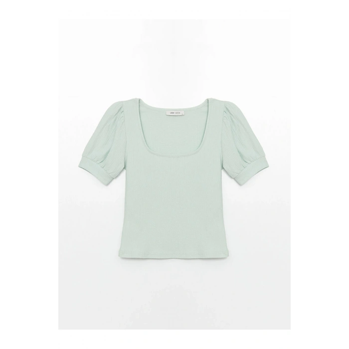 Kare Yaka Düz Kısa Kollu Kadın Bluz