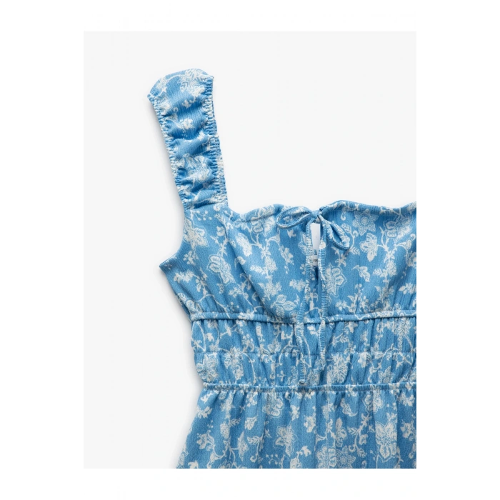 Kare Yaka Kalın Askılı Sırt Detaylı Önü Bağcıklı Çiçekli Mini Elbise Bürümcük