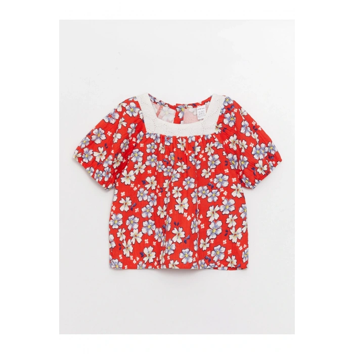 Kare Yaka Kısa Kollu Desenli Kız Bebek Bluz Ve Pantolon 2li Takım