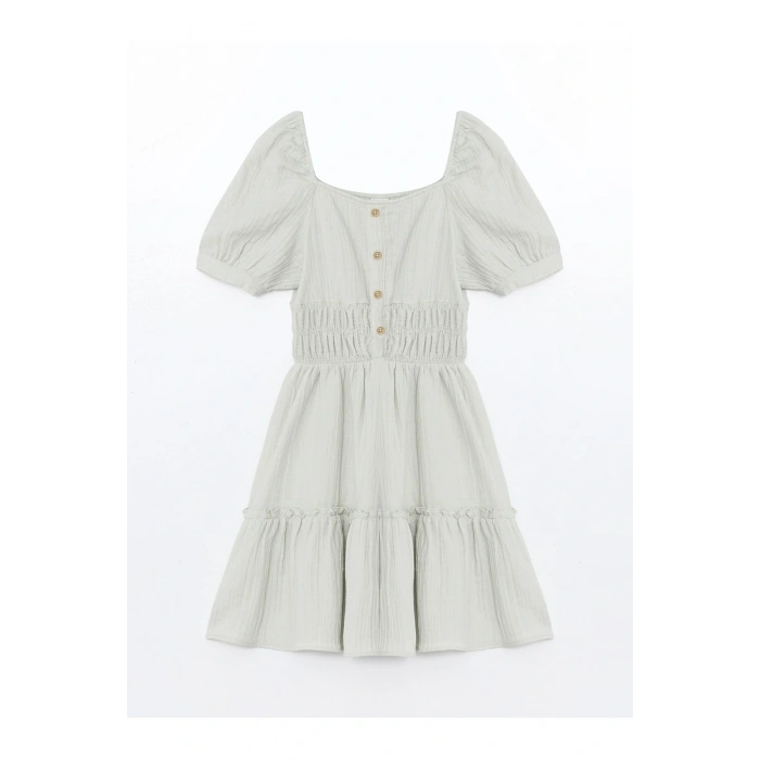 Kare Yaka Kısa Kollu Kız Çocuk Elbise