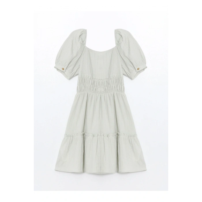 Kare Yaka Kısa Kollu Kız Çocuk Elbise