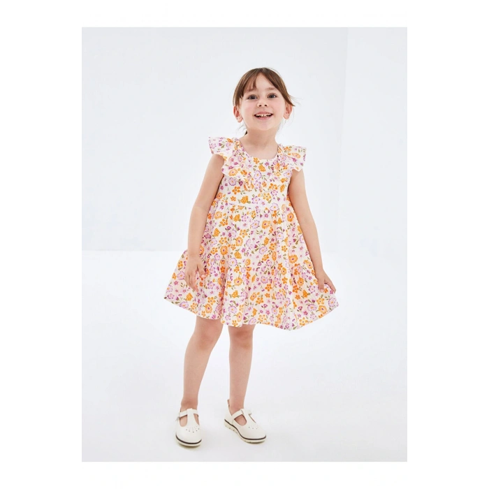 Kare Yaka Kolsuz Çiçek Desenli Kız Bebek Elbise