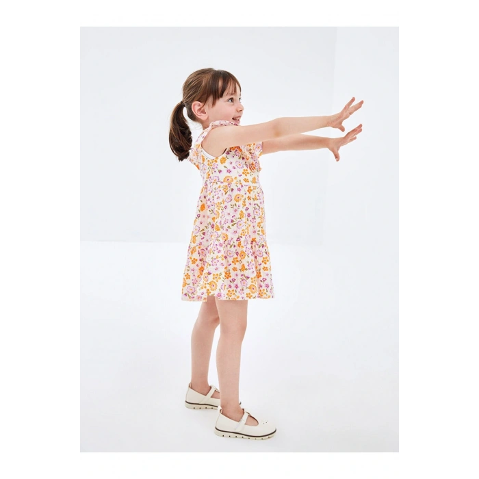 Kare Yaka Kolsuz Çiçek Desenli Kız Bebek Elbise