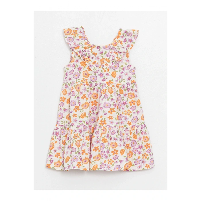 Kare Yaka Kolsuz Çiçek Desenli Kız Bebek Elbise