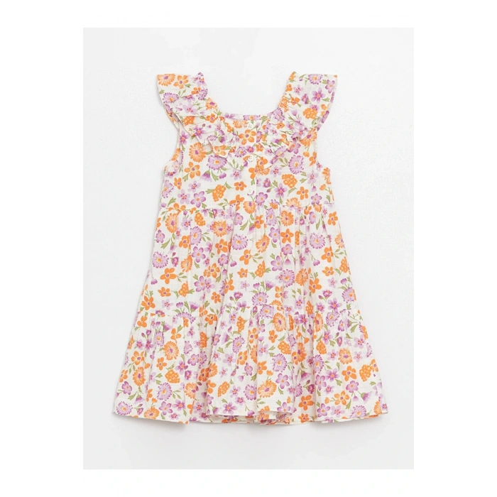 Kare Yaka Kolsuz Çiçek Desenli Kız Bebek Elbise