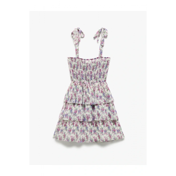 Katlı Volanlı Askılı Kare Yaka Çiçekli Viskon Mini Elbise