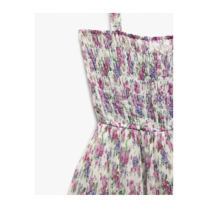 Katlı Volanlı Askılı Kare Yaka Çiçekli Viskon Mini Elbise