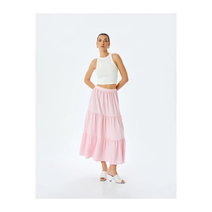 Katmanlı Yüksek Bel Uzun Viskon Etek