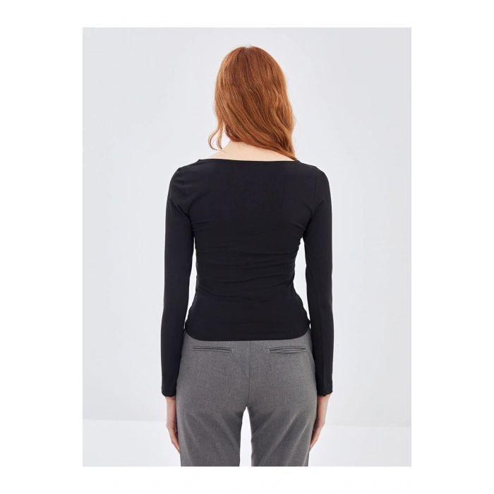 Kayık Yaka Düz Uzun Kollu Kadın Body