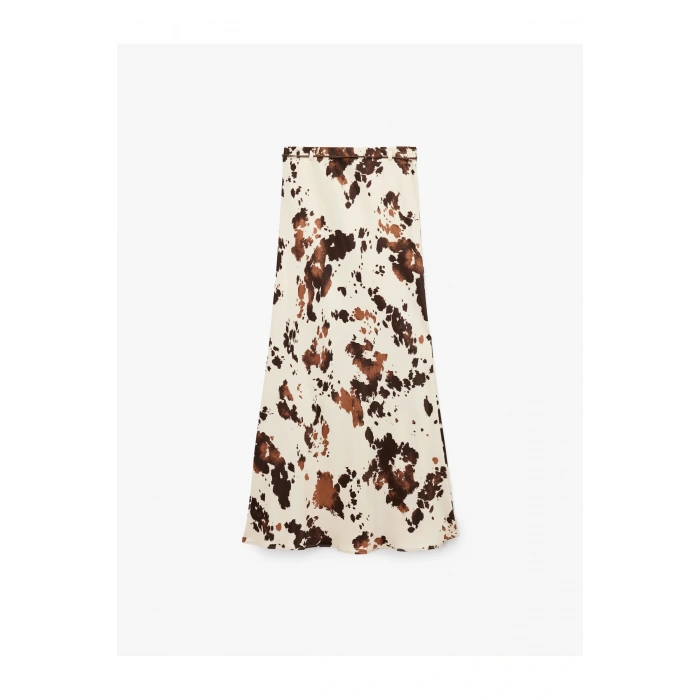 Kemer Detaylı Desenli Uzun Saten Etek