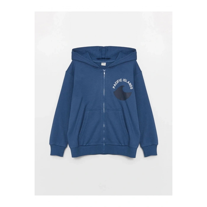 Kids Kapüşonlu Baskılı Uzun Kollu Erkek Çocuk Fermuarlı Sweatshirt
