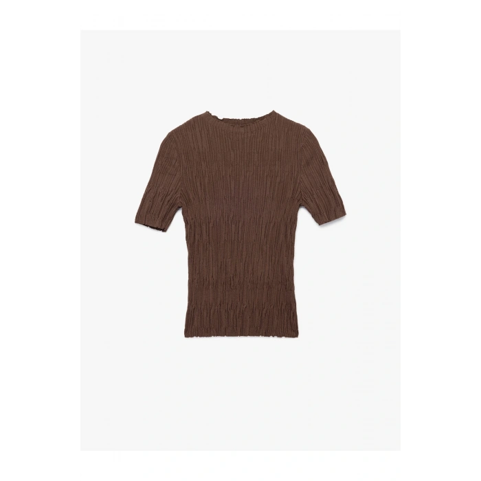 Kısa Kollu Bisiklet Yaka Büzgülü Dokulu Triko Kazak