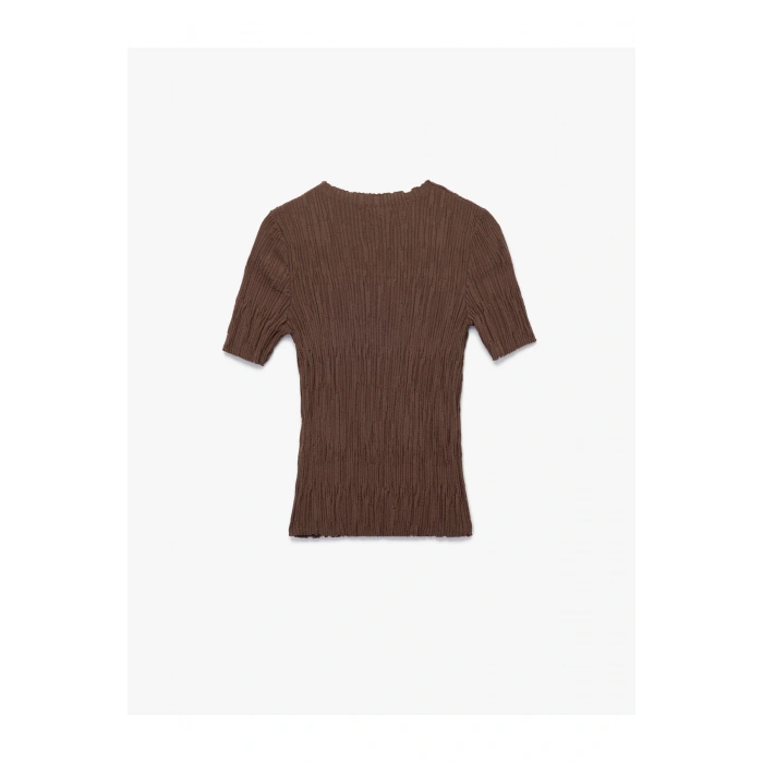 Kısa Kollu Bisiklet Yaka Büzgülü Dokulu Triko Kazak