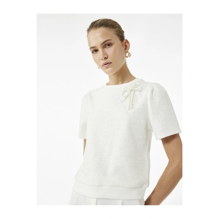 Kısa Kollu Bisiklet Yaka Fiyonk Detaylı Sweatshirt