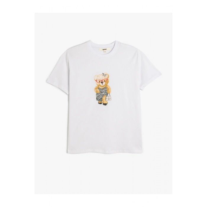 Kısa Kollu Bisiklet Yaka Pamuklu Ayıcık Baskılı Tişört