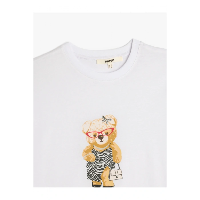 Kısa Kollu Bisiklet Yaka Pamuklu Ayıcık Baskılı Tişört