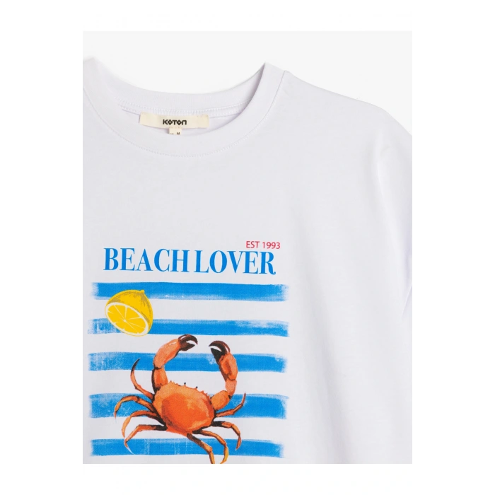 Kısa Kollu Bisiklet Yaka Pamuklu Yengeç ve Limon Baskılı Oversize Kadın Tişört