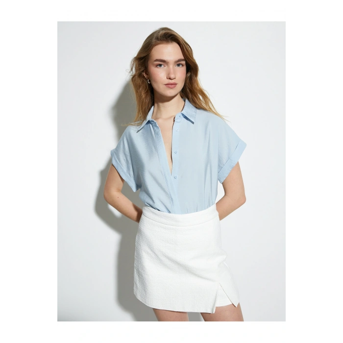 Kısa Kollu Gömlek Viskon Klasik Yaka Dokulu