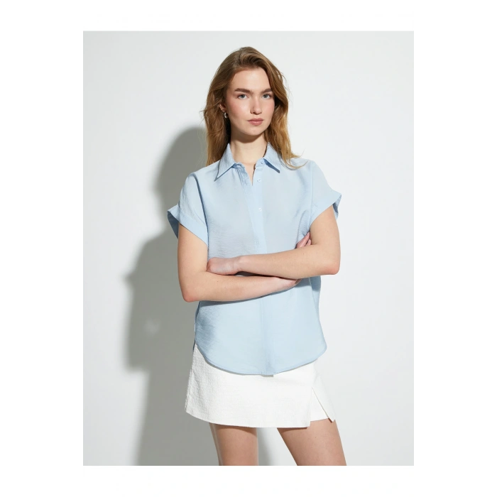 Kısa Kollu Gömlek Viskon Klasik Yaka Dokulu