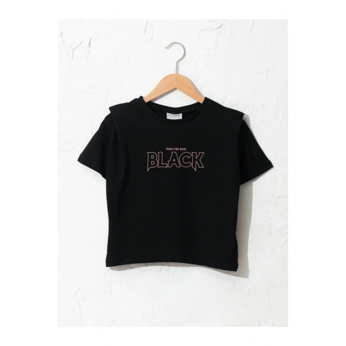 Kız Çocuk Siyah Bisiklet Yaka Baskılı T-shirt