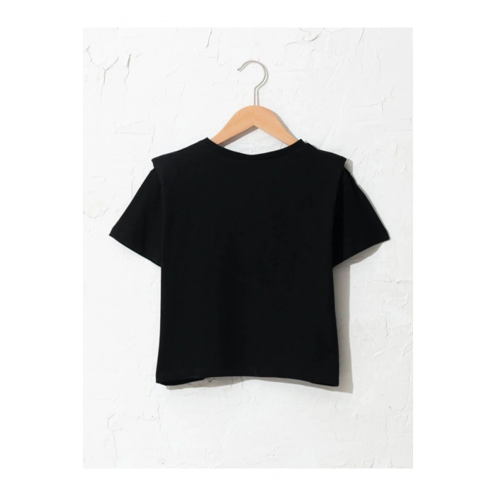 Kız Çocuk Siyah Bisiklet Yaka Baskılı T-shirt