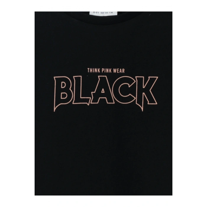 Kız Çocuk Siyah Bisiklet Yaka Baskılı T-shirt