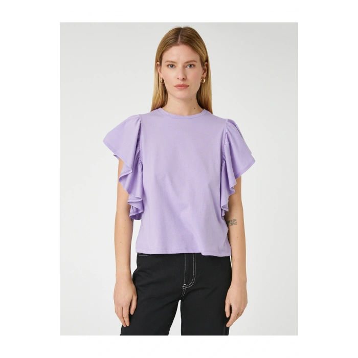 Kolları Volanlı Tişört Bisiklet Yaka Pamuklu