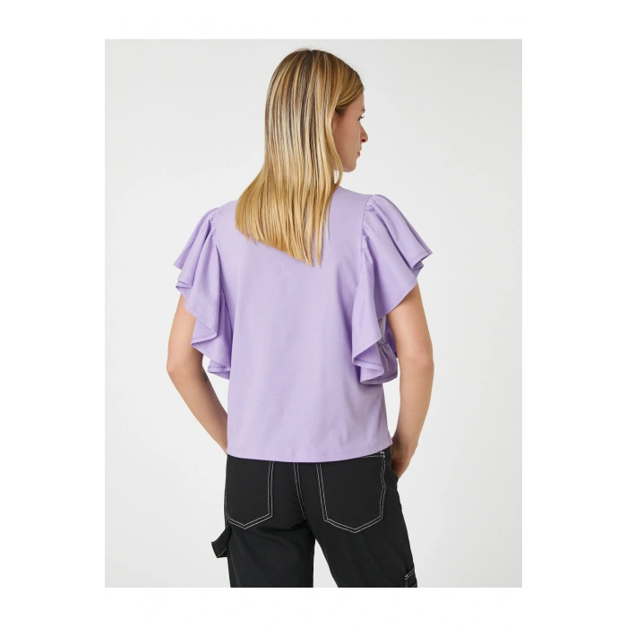 Kolları Volanlı Tişört Bisiklet Yaka Pamuklu