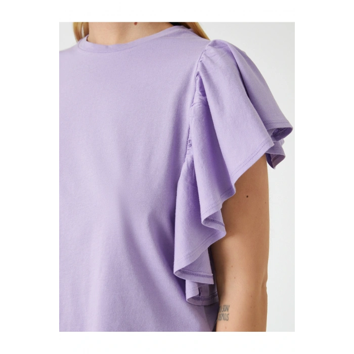 Kolları Volanlı Tişört Bisiklet Yaka Pamuklu