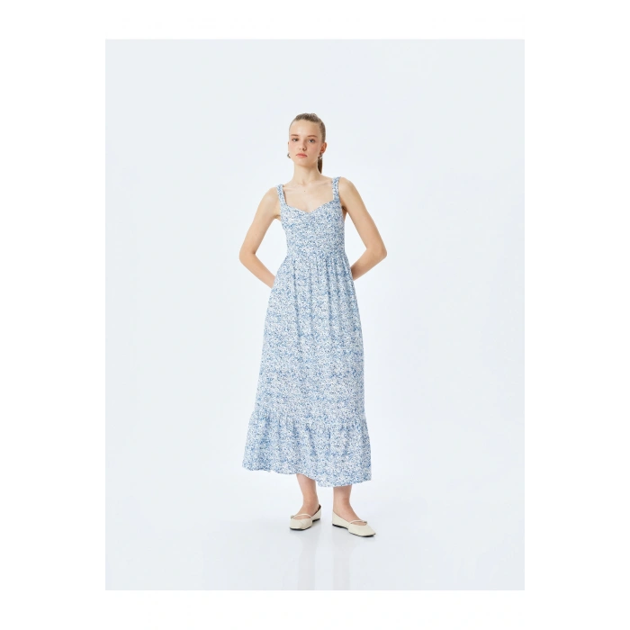 Kolsuz Gipeli U Yaka Katlı Viskon Çiçekli Uzun Elbise