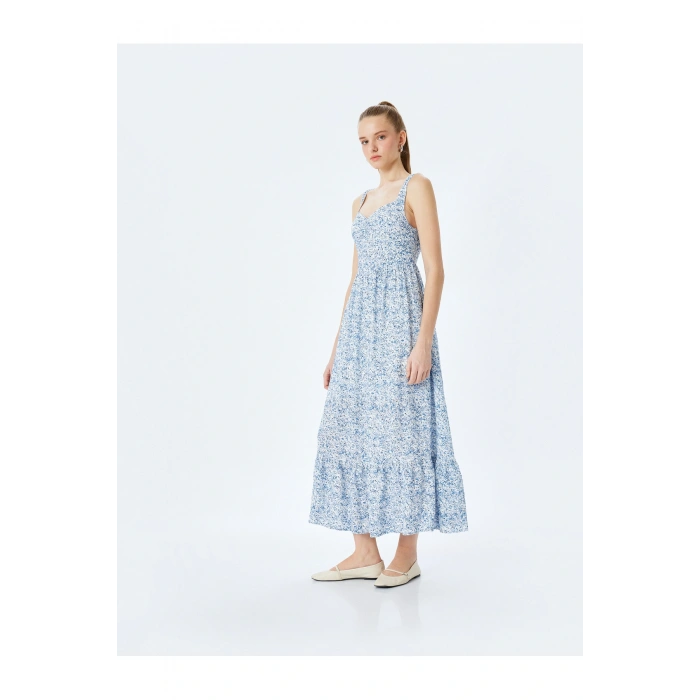 Kolsuz Gipeli U Yaka Katlı Viskon Çiçekli Uzun Elbise