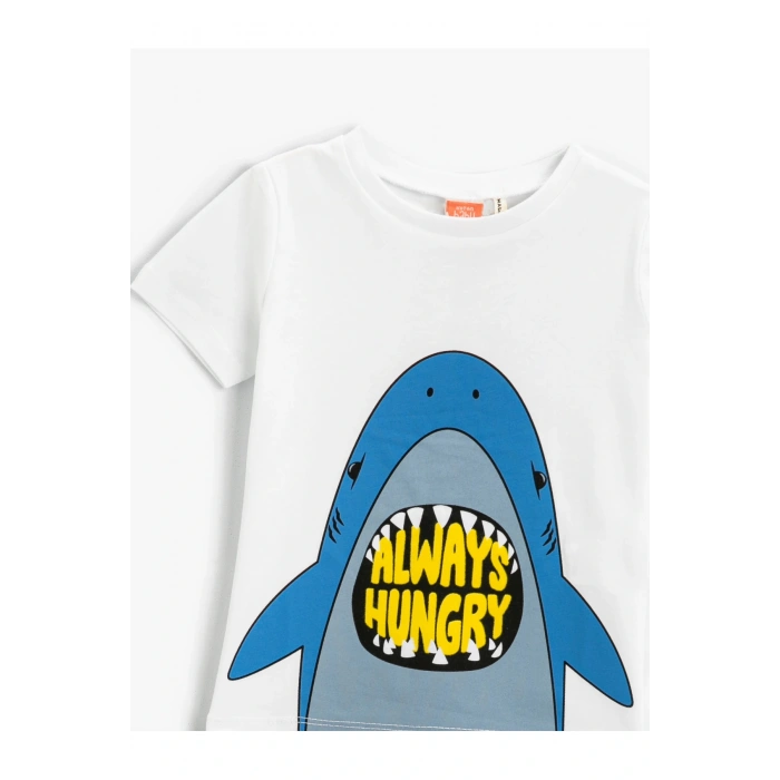 Köpek Balığı Baskılı Kısa Kollu Tişört Pamuklu