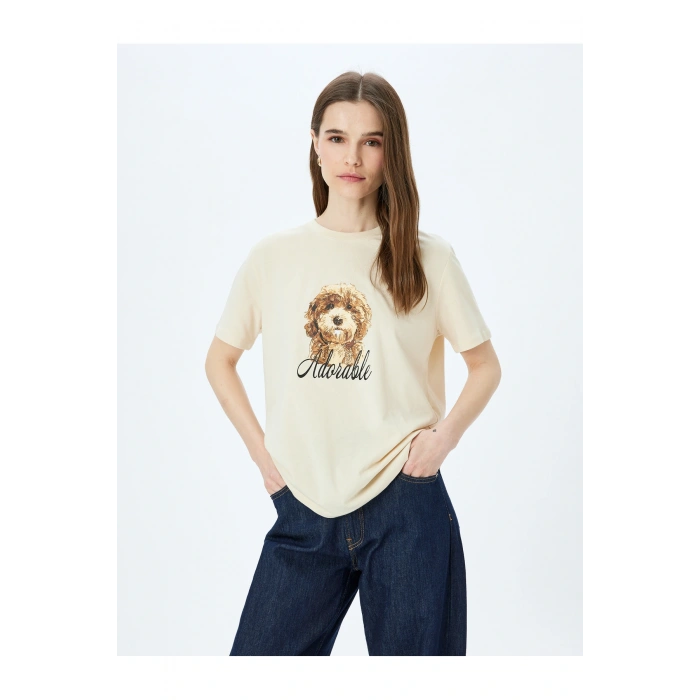 Köpek Baskılı Kısa Kollu Bisiklet Yaka Tişört