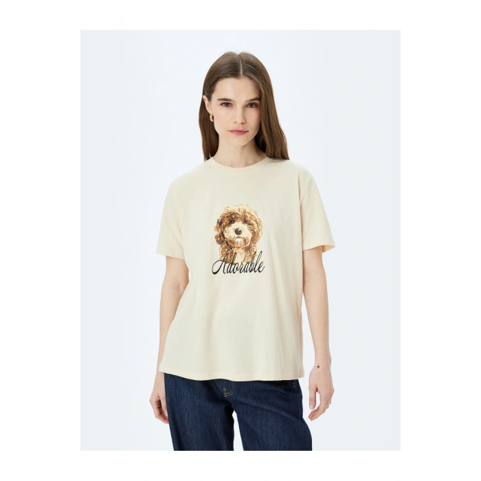 Köpek Baskılı Kısa Kollu Bisiklet Yaka Tişört