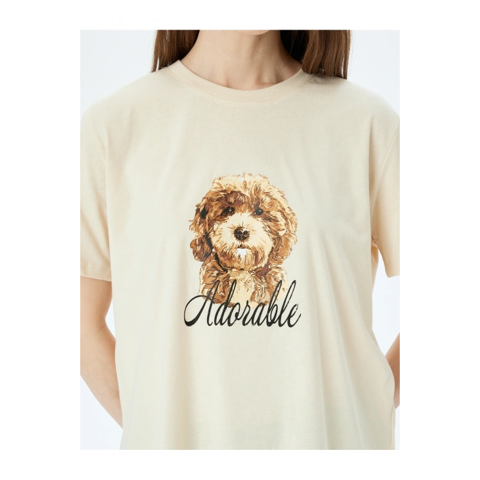 Köpek Baskılı Kısa Kollu Bisiklet Yaka Tişört