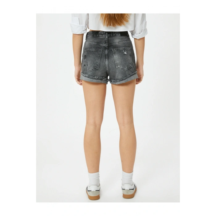 Kot Şort Yüksek Bel Ekstra Mini Paçaları Katlamalı Cepli