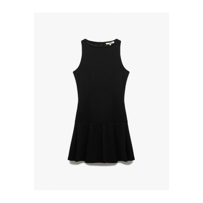 Krep Scuba Kumaş Kolsuz Bisiklet Yaka Mini Pileli Elbise