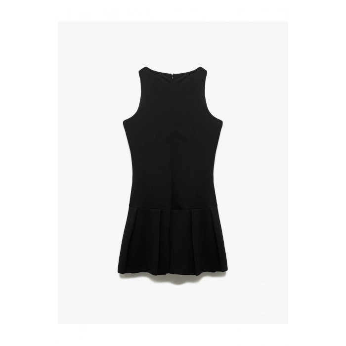 Krep Scuba Kumaş Kolsuz Bisiklet Yaka Mini Pileli Elbise