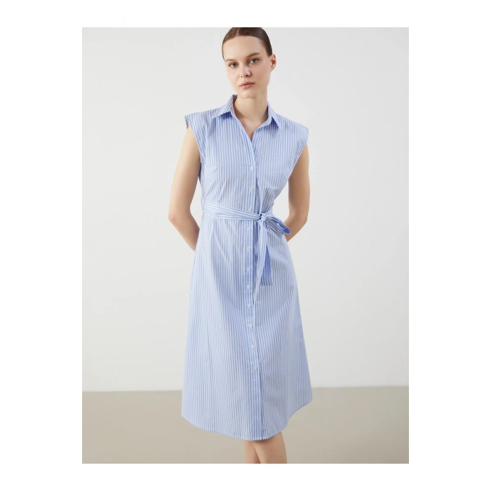 Kuşaklı Çizgili Gömlek Elbise