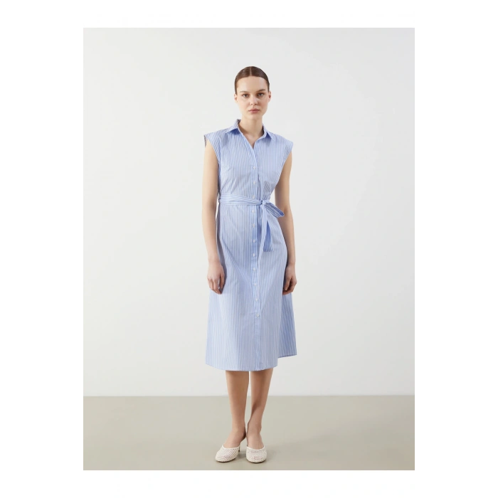 Kuşaklı Çizgili Gömlek Elbise
